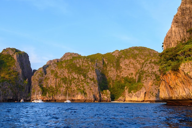 Rocks cliffs in sunset Phi Phi Leh islands Andaman sea Krabi