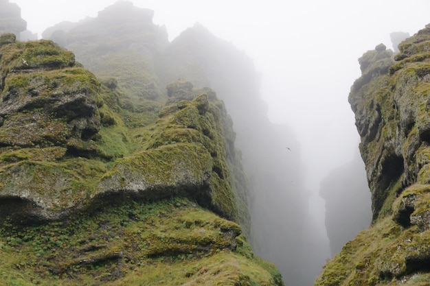 Rocks and fog at Raudfeldsgja Gorge on Snaefellsnes Peninsula in Iceland