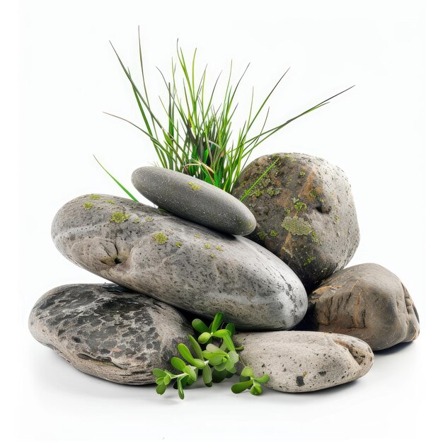 Photo rocks and grassy weed landscaped composition isolated on white background