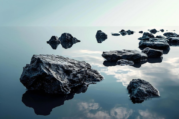 Rocks reflected in the calm water of a lake with reflection