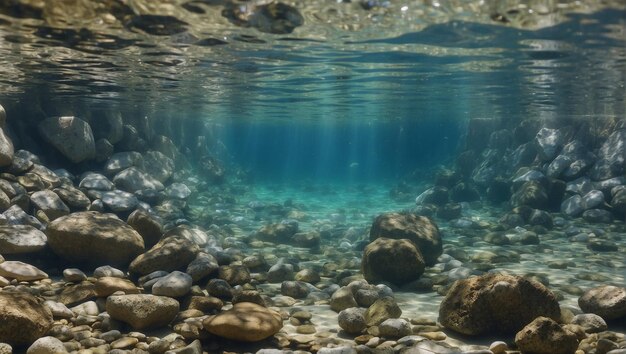 Rocks underwater on riverbed with clear freshwater