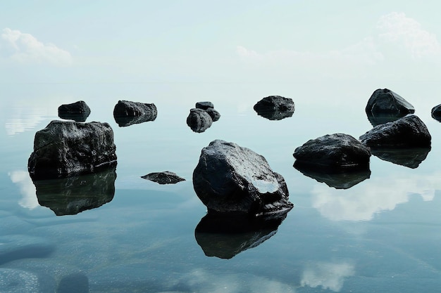 Rocks in the water of a lake with reflection of the sky