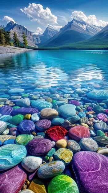 rocks on the water with mountains in the background