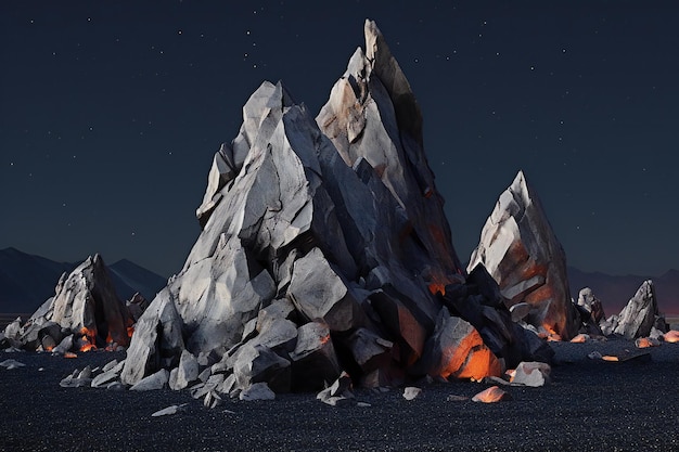 Rocks with fire and starry night sky