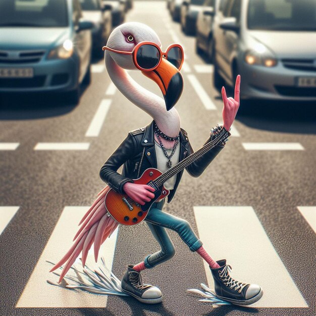 A rockstar flamingo sporting oversized sunglasses and a leather jacket