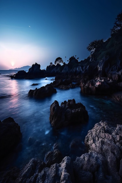 Rocky beach at dusk Phuket province Thailand