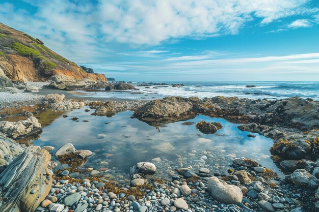 Photo rocky beach featuring rugged terrain and tide pools