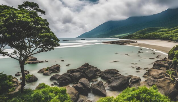 a rocky beach with a lake and mountains in the background