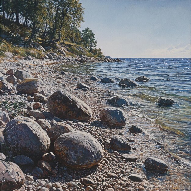 A rocky beach with large boulders scattered along the shore