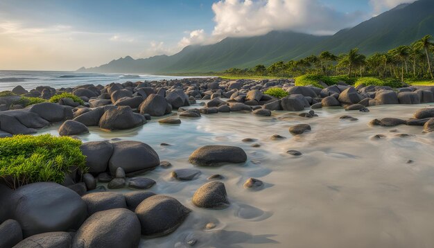 a rocky beach with a mountain in the background