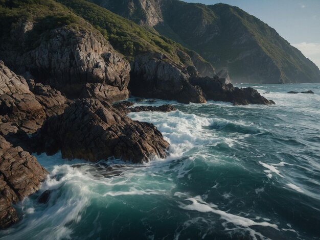 Photo a rocky cliff is next to the ocean with the ocean and mountains in the background