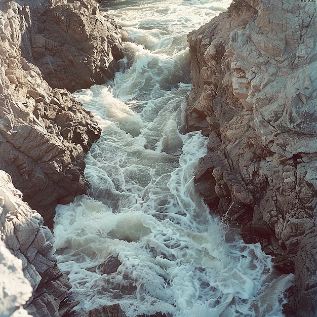 a rocky cliff with a wave breaking on it