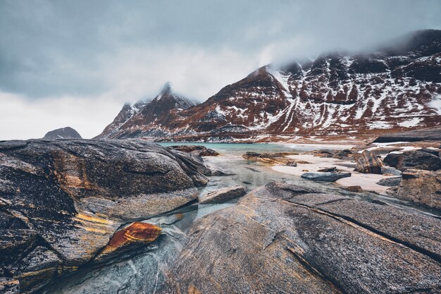 Rocky coast of fjord in Norway