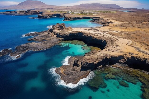 Photo a rocky coast with a blue water and a green island in the background