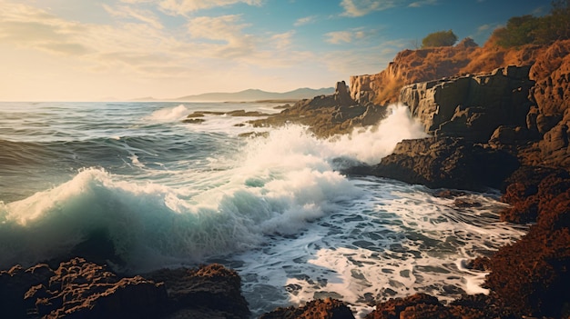 A rocky coast with waves crashing against the rocks