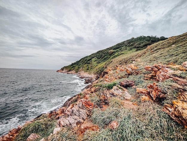 Rocky coastline with ocean waves splashing on shore