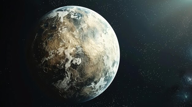 A rocky desolate planet with a grey and blue surface is seen floating in space against a dark starry background