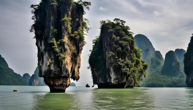 a rocky island with a boat and a man in the water