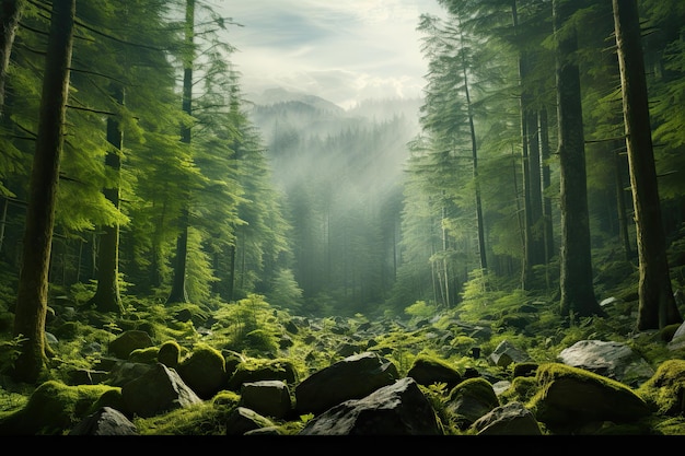 Rocky landscape in a green forest with morning freshness