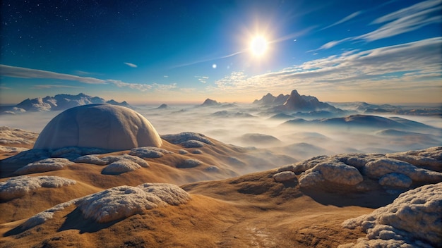 a rocky landscape with a mountain in the background