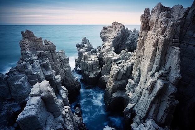 a rocky landscape with the ocean in the background and the ocean in the background