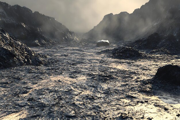 Photo a rocky misty landscape with dramatic lighting and textures