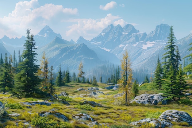 Rocky mountain meadow with larch trees and mountain range Canada