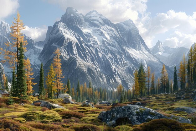 Rocky mountain meadow with larch trees and mountain range Canada