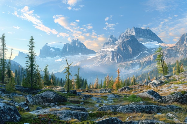 Rocky mountain meadow with larch trees and mountain range Canada