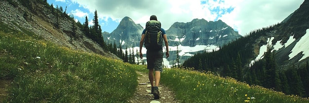 Photo rocky mountain path with a backpack