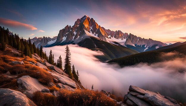 A rocky mountain peak illuminated by the soft light of dawn