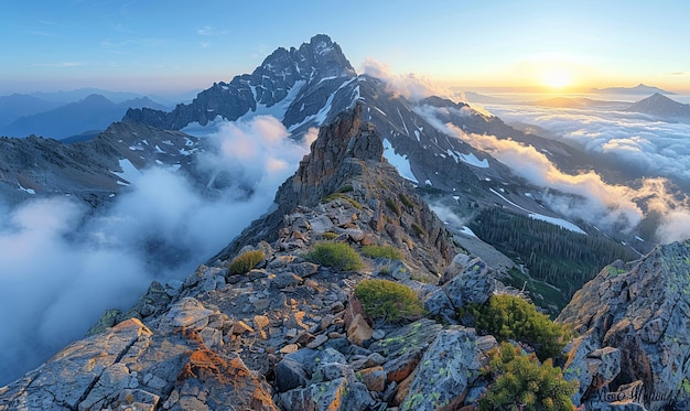 Rocky Mountain Peak Surrounded by Majestic Clouds