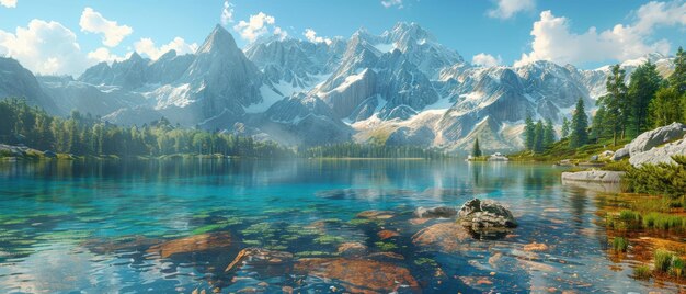 Photo rocky mountain range with a clear blue lake