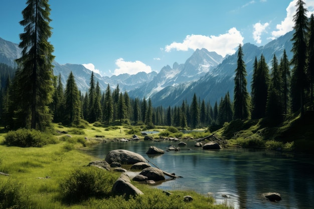 A rocky mountain river flows through a valley with a coniferous forest on the background of mountains beautiful landscape generative ai