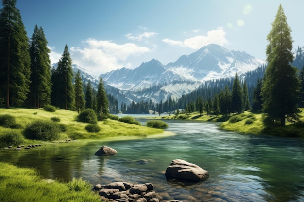 A rocky mountain river flows through a valley with a coniferous forest on the background of mountains beautiful landscape generative ai