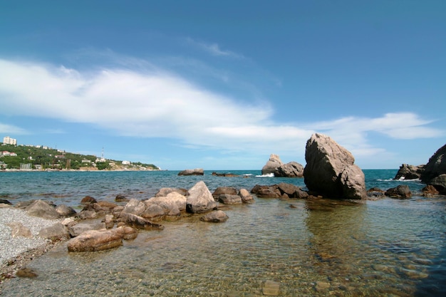 A rocky seashore with large stones in the water