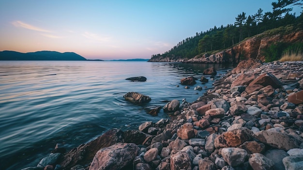 a rocky shore with a lake and a mountain in the background