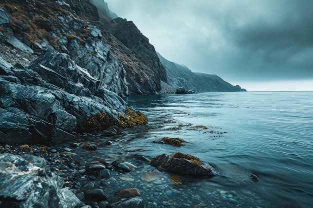 A rocky shore with a rocky cliff side