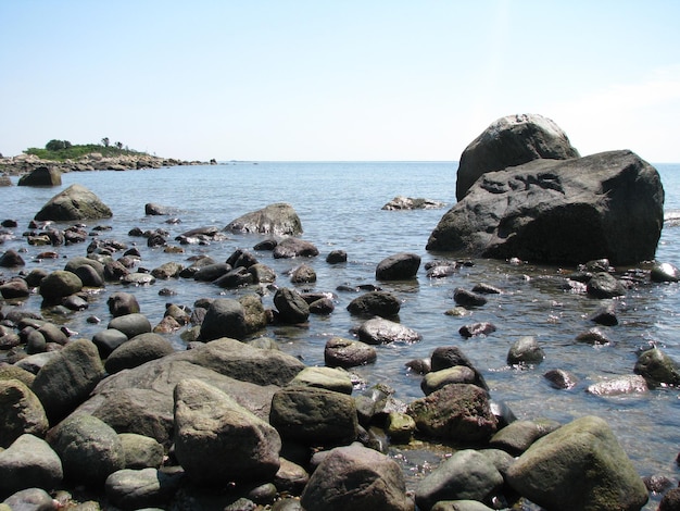 Rocky shoreline Coast of Hammonasset Beach State Park in Madison Connecticut