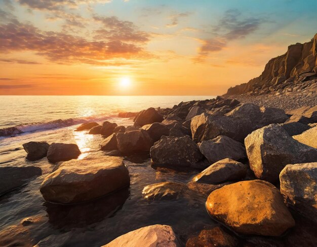 A rocky shoreline with a beautiful sunset in the background