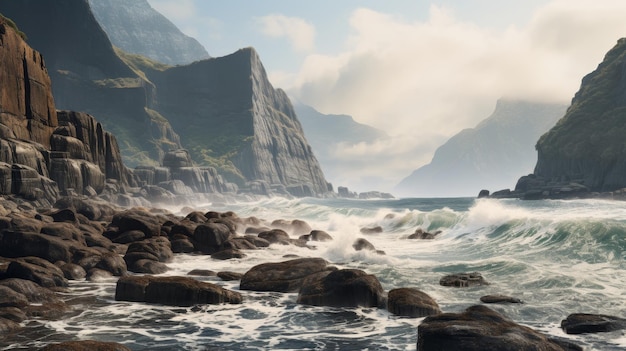 A rocky shoreline with a large body of water in the background