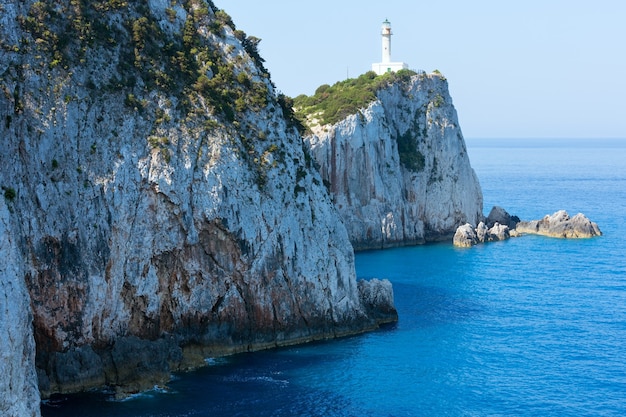 Rocky south cape of Lefkas island and lighthouse (Greece, Ionian Sea)