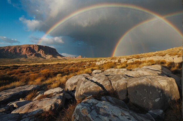 Photo rocky terrain framed by rainbow