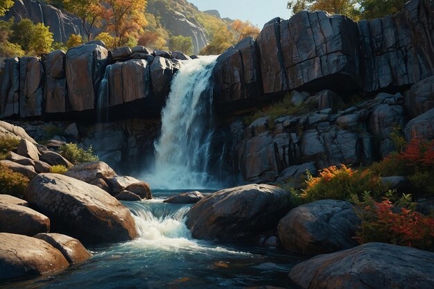 Photo rocky terrain with a distant waterfall