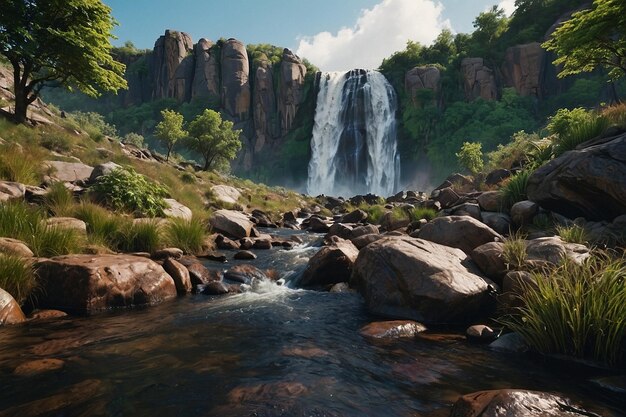 Photo rocky terrain with a distant waterfall