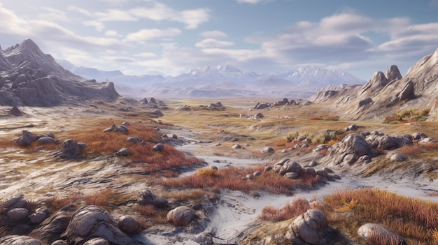 Rocky terrain with a stream running through it and mountains in the background generative ai