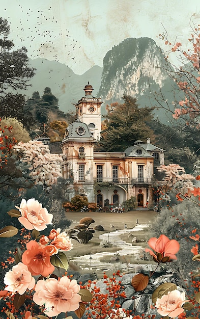 Rococo Mansion With Silk Texture Floral Pattern Collage Effe Illustration Trending Background Decor