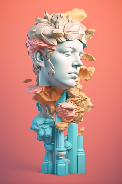 Rococo Reverie Delicate 3D Illustration of a Stone Column with Human Head