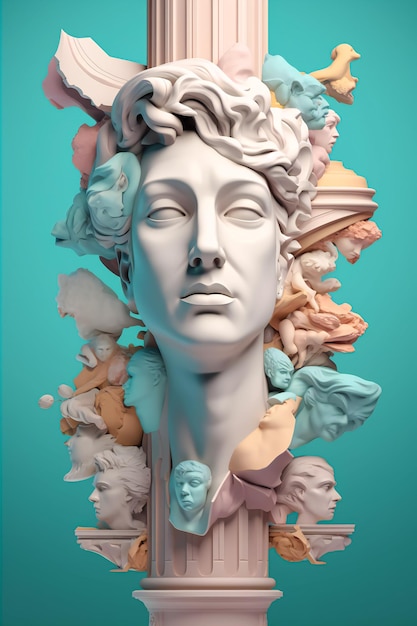 Rococo Reverie Delicate 3D Illustration of a Stone Column with Human Head