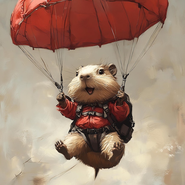 A rodent flying with a parachute